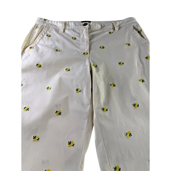 Talbots Relaxed Chino Pastel Yellow Ankle Pants Embroidered Lemon Pattern 6 - Picture 4 of 8